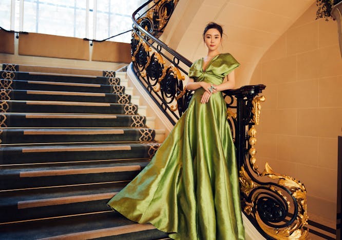 dress evening dress formal wear staircase handrail gown fashion person lady face