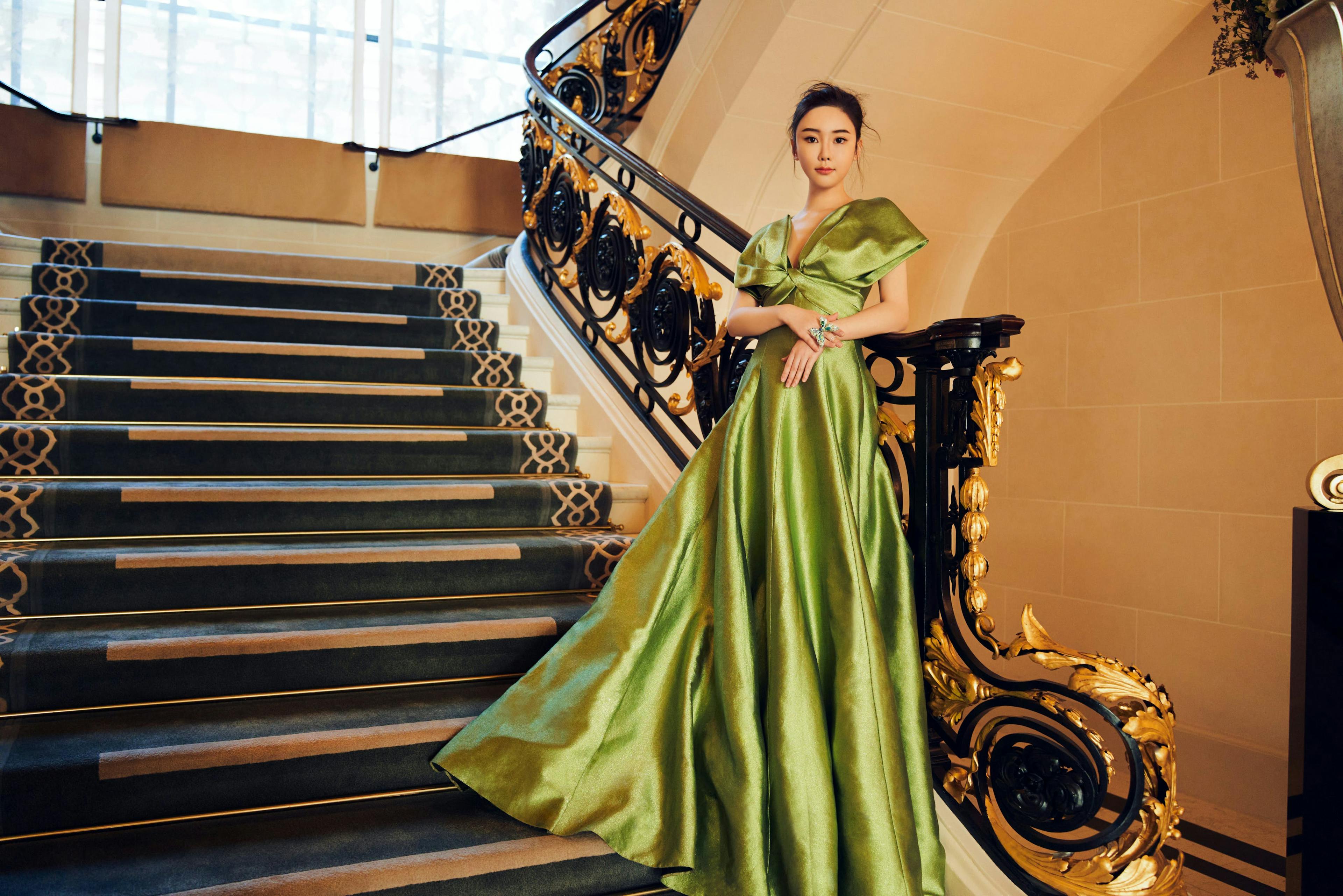 dress evening dress formal wear staircase handrail gown fashion person lady face