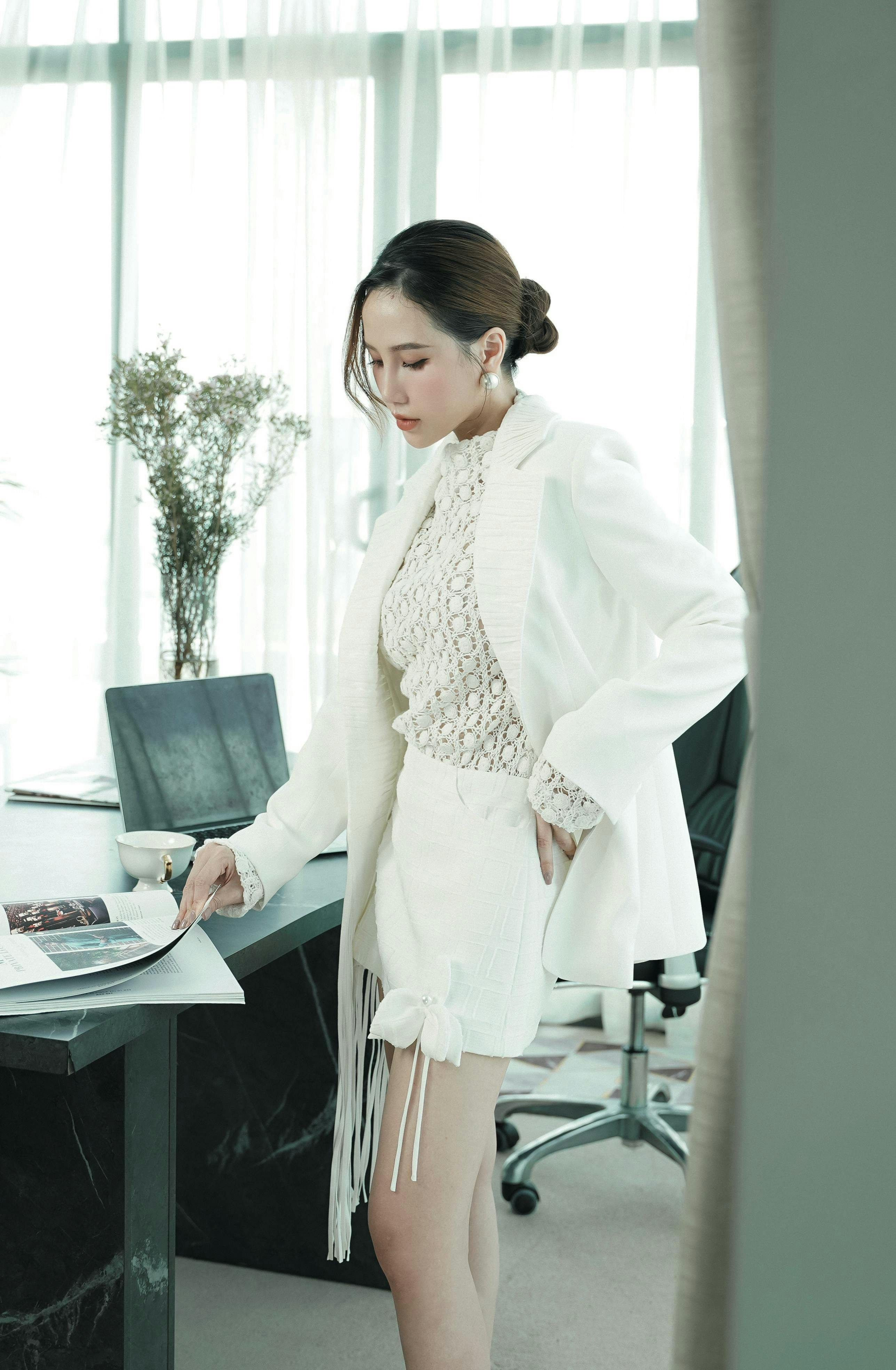 long sleeve laptop pc formal wear table adult female person woman dress