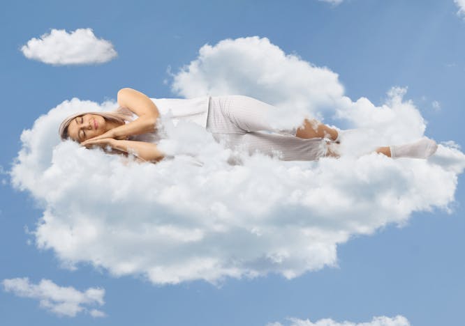 magic,woman,young,caucasian,concept,happy,clouds,blond,relaxed,sleep,beautiful,view,white,floating,up,female,sleepy,nightwear,sky,rest,laying,one,relaxation,length,girl,people,morning,single,1,fly,blue,levitating,pajamas,daylight,dream,light,peacefully,background,comfortable,cosy,rise,full nature outdoors sky cloud adult female person woman cumulus weather